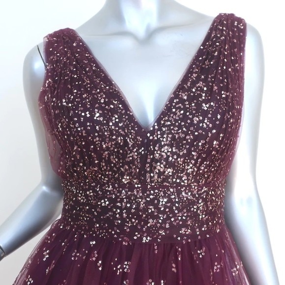 Marchesa Notte Ombre Glitter Tulle Dress Wine Size 12 Sleeveless V-Neck - Picture 2 of 8